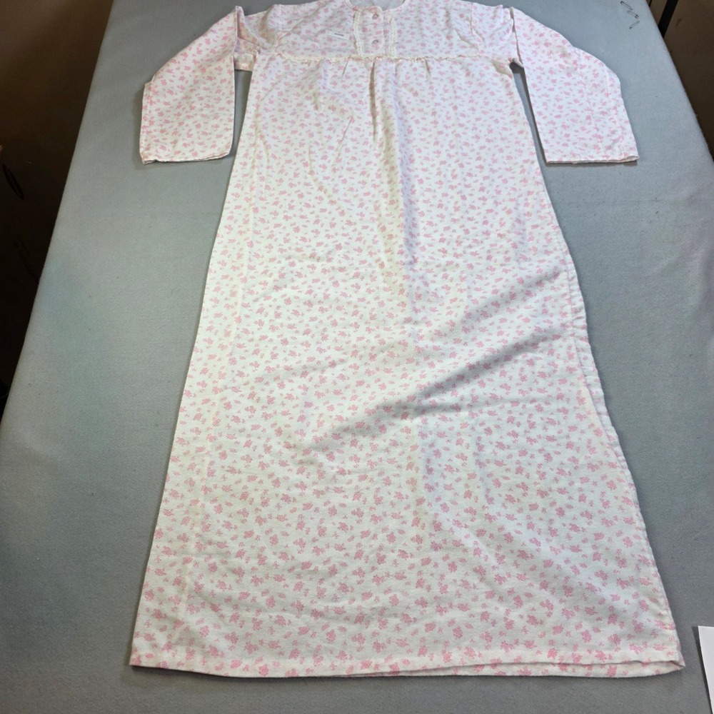 Vintage Pink Floral Lace Trim Long Sleeve Nightgown White Distressed 0002080